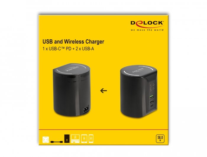 Delock Usb Und Cableloses Cargador 1 X Usb Type-C Pd + 2 X Usb Typ-A Mit 58 W