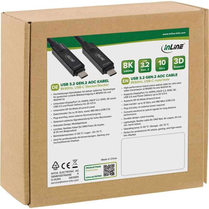 Cable De 15m Usb Aoc 3.2 Gen2 10gbps Pd60w Usb-C Macho A Usb-C Macho Negro Video 8k 60hz, Datos, Carga