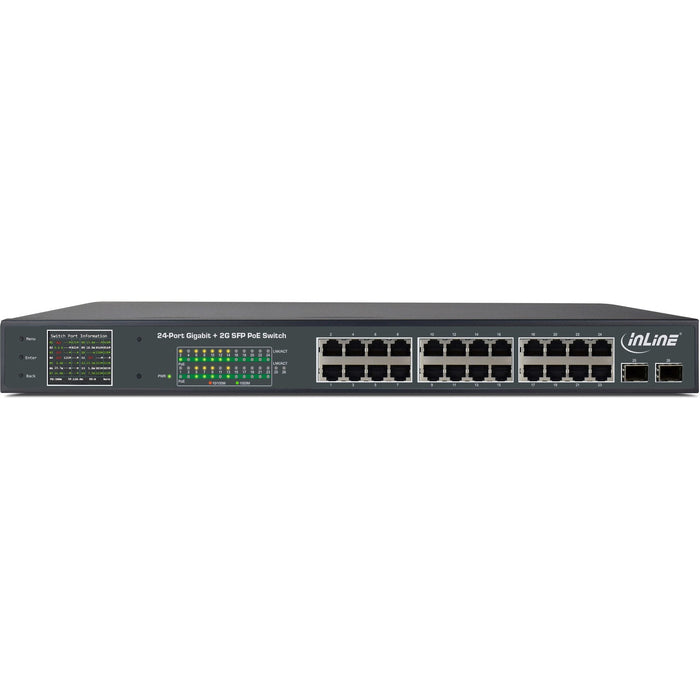 Switch De Red Inline Poe+ Gigabit 24 Puertos, 1gbit/S, 2x Sfp, 48,26cm (19", Soportes Incluidos), Metal, Control De Ventilador, Con Pantalla, 420w