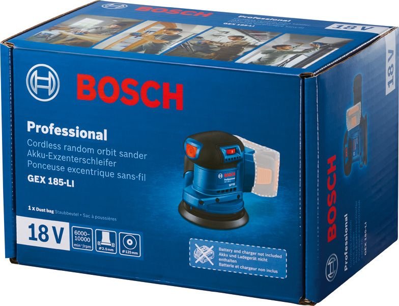 Lijadora Excéntrica A Batería Bosch Professional Gex 185-Li Professional Solo, 18 Voltios Azul/Negro, Sin Batería Ni Cargador, Ø 125 Mm 06013a5020