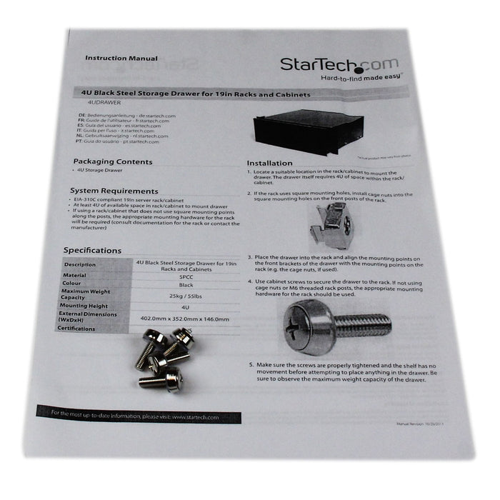 Startech.Com Cajon Metálico Acero Negro 4u 19in Pulgadas Para Montar En Armario Rack Bastidor Cajón De Almacenamiento Para Bastidor 4u Para P/N: Cabscrws1224 Rk2537bkm Rk3236bkf Rk4236bkb Rk4242bk24 Rk4242bk30 Rkqmcab12v2