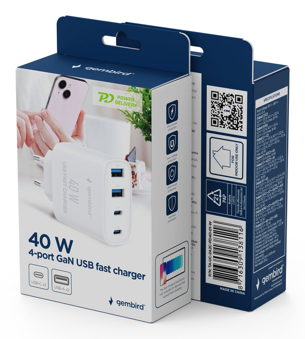 Cargador Gembird Rápido Usb Pd 4 Puertos 40 W Gan