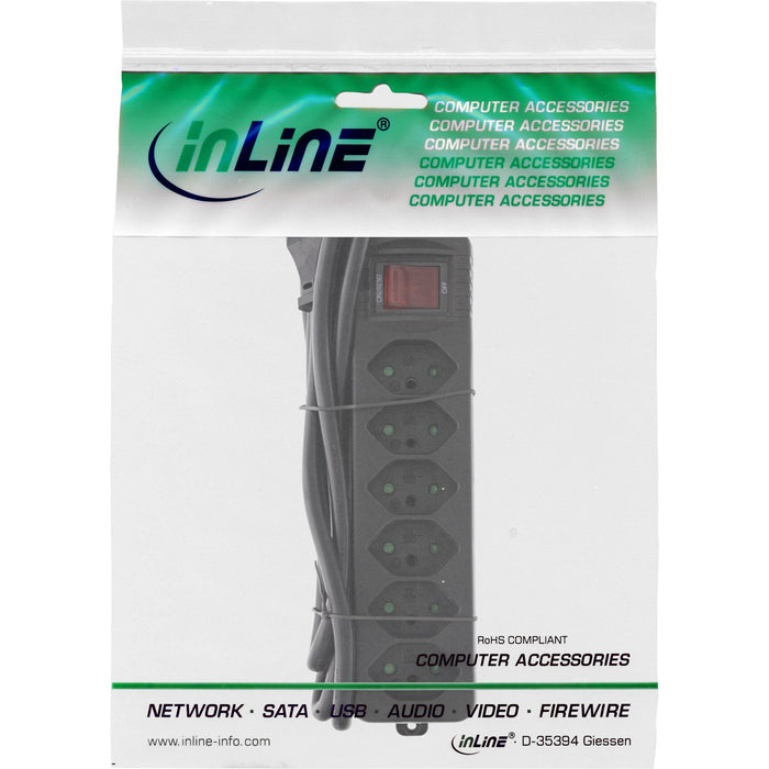 Regleta Inline Suiza, 6 Vías, Con Interruptor, 1,5 M, Negra
