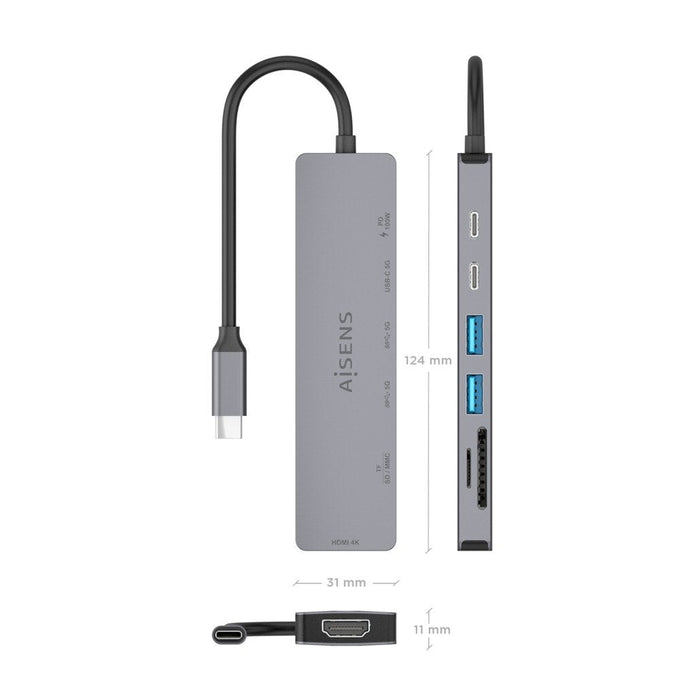 Aisens Usb-C Dock 7 En 1, Usb-C A 1xhdmi, 2xusb-A, 1xusb-C, 1xusb-C Pd 100w, 1xsd, 1xmicro Sd, Gris, 15cm
