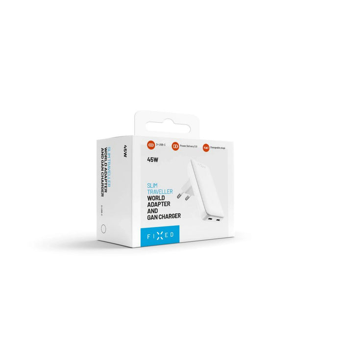 Fixed Slim Traveller 2xusb-C Travel Charger With World Adapters, Gan, 45w, White