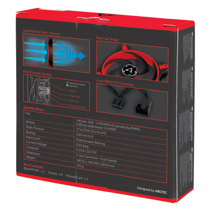 Arctic Ventilador Caja Bionix P140 Rojo Pwm 140mm (Acfan00127a) Arctic Bionix P140, Carcasa Del Ordenador, Enfriador, 14 Cm, 200 Rpm, 1950 Rpm, 0,45 Sonio
