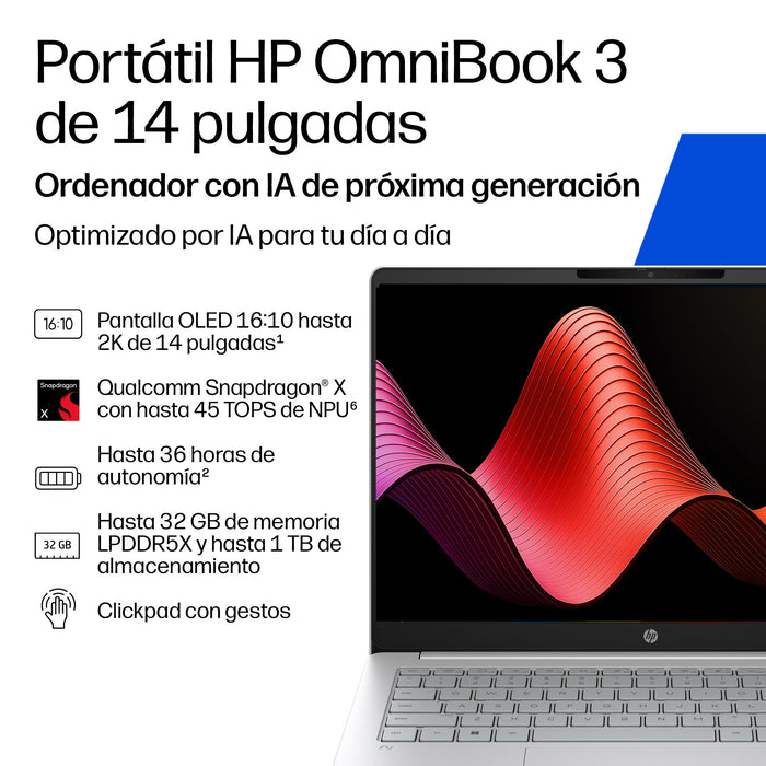 EAN 0821844595763 - HP OmniBook 3 Laptop Next Gen AI 14-hz0005nsx Copilot+ PC Snapdragon X1-26-100 Portátil 35,6 cm (14") 2K  imagen 2