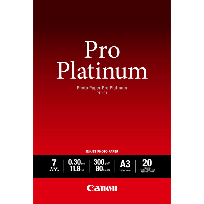 Canon Photo Paper Pro Platinum A3 (297 X 420 Mm) 300 G/M² 20 Hoja(S) Papel Fotográfico Brillante Para Pixma Pro9000 Pro9500