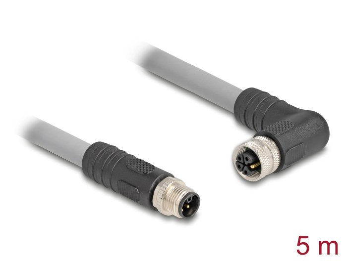 Delock M12 Cable L-Kodiert 5 Pin Stecker Gerade Zu Buchse Rechts Gewinkelt Pur Schleppkettentauglich 5 M Grau