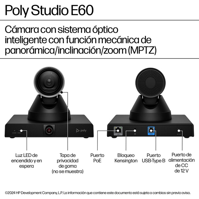 Hp Poly Studio E60 - Konferenzkamera - Ptz - Farbe - 2 X 8 Mp - 3840 X 2160 - 4k Uhd, 2160p - Audio - Lan - Usb - Dc 12 V  Poe Plus - Taa-Konform