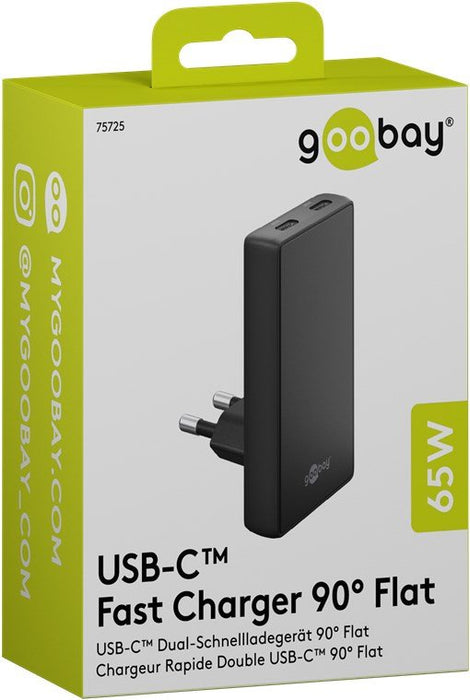 Cargador Rápido Dual Usb-C Pd Gan De 90° De Goobay (Negro, 65 Vatios) 75725