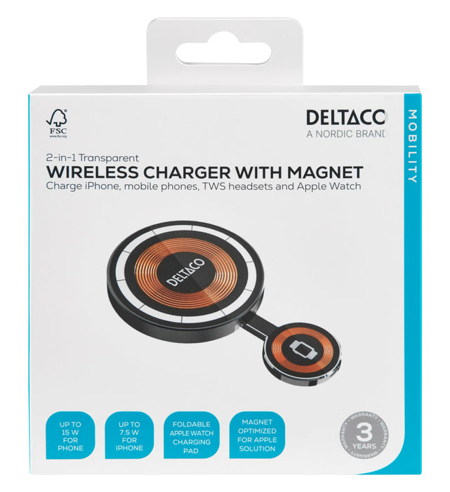 Deltaco 2-In-1 Wireless Charger 15w Transparent