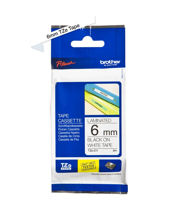 Brother Cinta Rotuladora Tze211, Negro Sobre Blanco, Rollo (0,58 Cm X 7,99 M) 1 Bobina, Para P-Touch