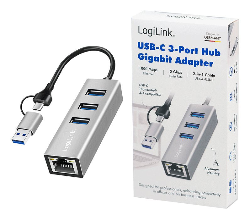 Hub Usb 3.2 Gen 1, 3 Puertos Usb-A, 1 Puerto Rj45, Cable De Conexión 2 En 1, Plateado