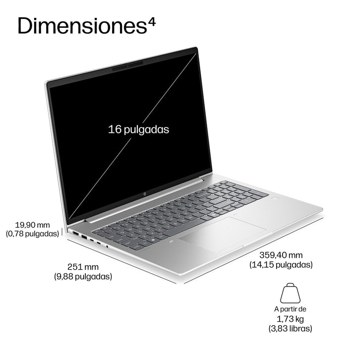 Hp Probook 4 G2a Notebook Ai Diseño De Bisagra En 177 Grados Amd Ryzen 7 250 / Hasta 5.1 Ghz Win 11 Pro Radeon 780m 32 Gb Ram 512 Gb Ssd Nvme 16" Ips 1920 X 1200 Gigabit Ethernet Wi-Fi 7 Bluetooth 6.0 Pike Silver (Plateado) Kbd: E