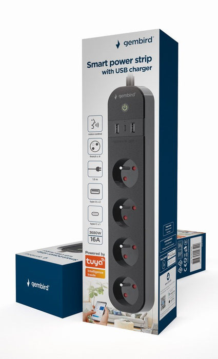 Gembird Regleta Smart Con Cargador Usb, 4 Enchufes Franceses, Negro