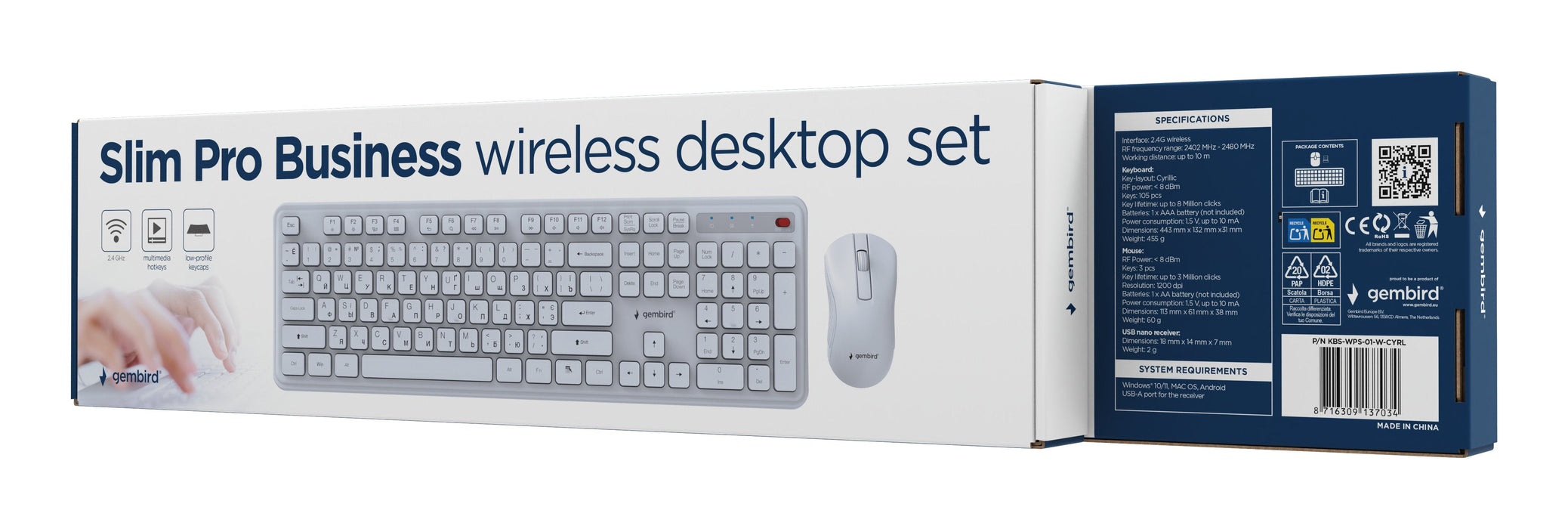 Keyboard +Mouse Wrl Cyrillic/Wh Kbs-Wps-01-W-Cyrl Gembird