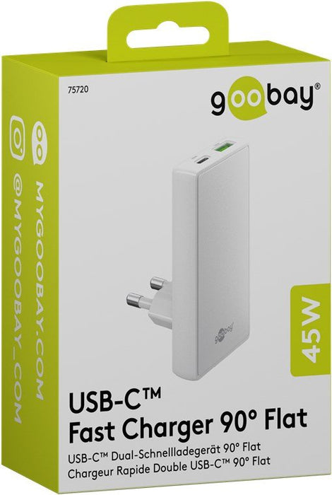 Goobay Usb-C Pd Gan Cargador Rápido Dual 90° Flat (45 W) Blanco