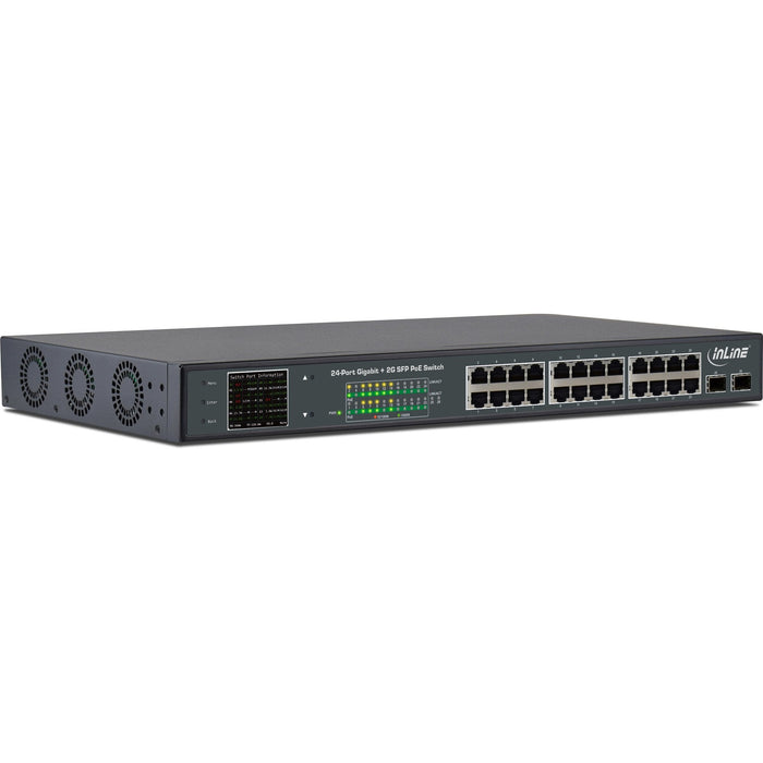 Switch De Red Inline Poe+ Gigabit 24 Puertos, 1gbit/S, 2x Sfp, 48,26cm (19", Soportes Incluidos), Metal, Control De Ventilador, Con Pantalla, 420w