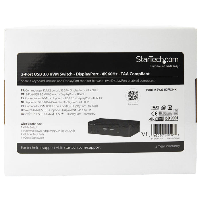 Startech.Com Switch Conmutador Kvm Displayport De 2 Puertos 4k 60hz Switch Kvm Displayport 1.2 Conmutador Kvm / Audio / Usb 2 X Kvm / Audio / Usb Sobremesa Conforme A La Taa