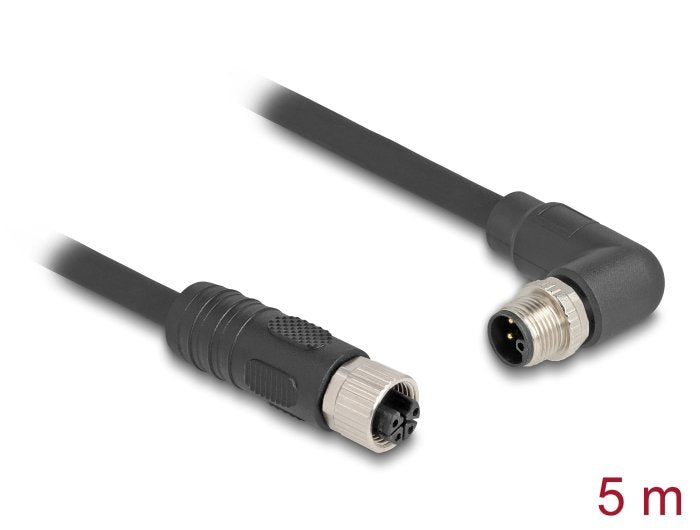 Delock M12 Cable L-Kodiert 4 Pin Stecker Rechts Gewinkelt Zu Buchse Gerade Pur Schleppkettentauglich 5 M Schwarz