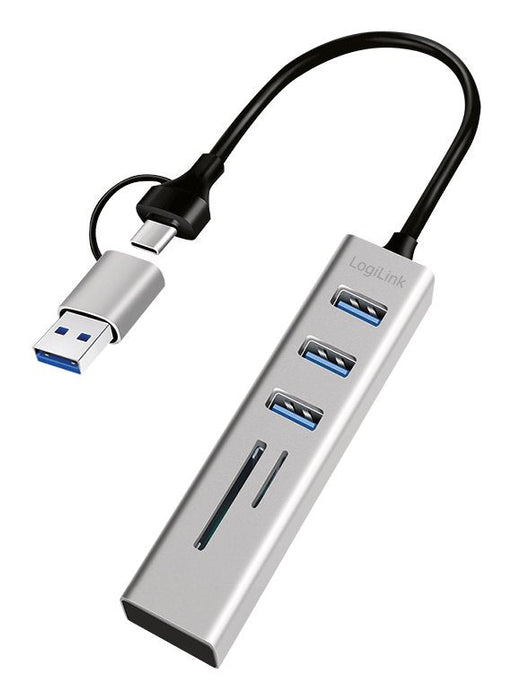 Hub Usb 3.0, 3 Puertos Usb-A, Ranura Sd/Microsd, Cable De Conexión 2 En 1, 5 Gbit/S, Plateado