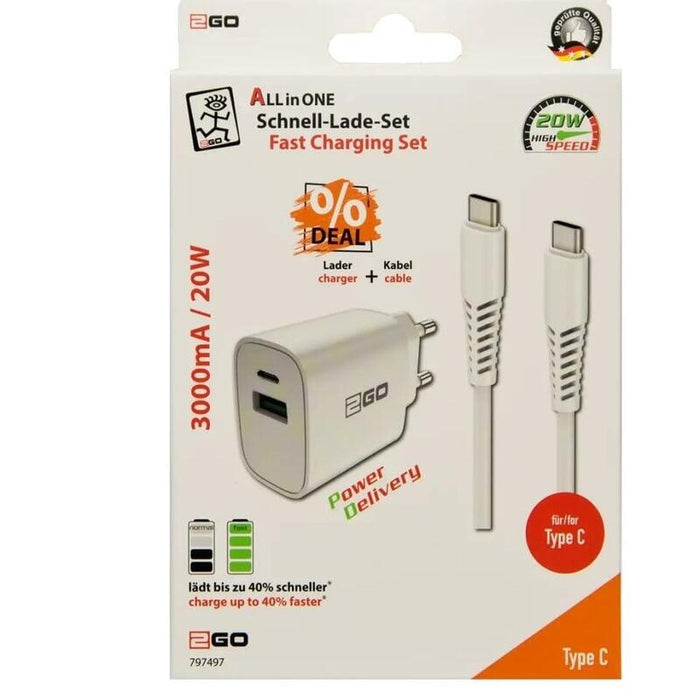 2go Cargador 20w 2-Port 1x Usb-C + 1x Usb-A + Usb-C Cable