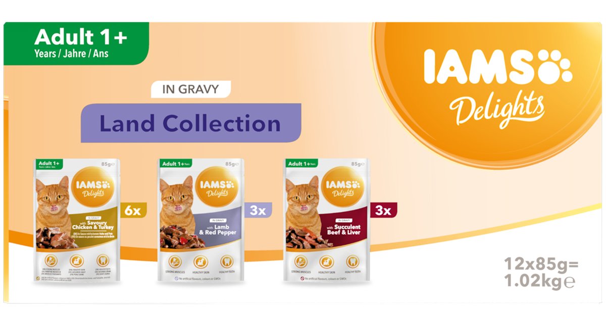 Iams Delights Land Collection In Gravy Box  Comida Húmeda Para Gato  12x85g