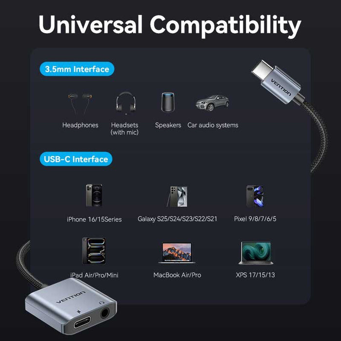 Adaptador Audio Vention Bigha Usb Tipo-C Macho Jack 3.5 Hembra Usb Tipo-C Pd Hembra Gris