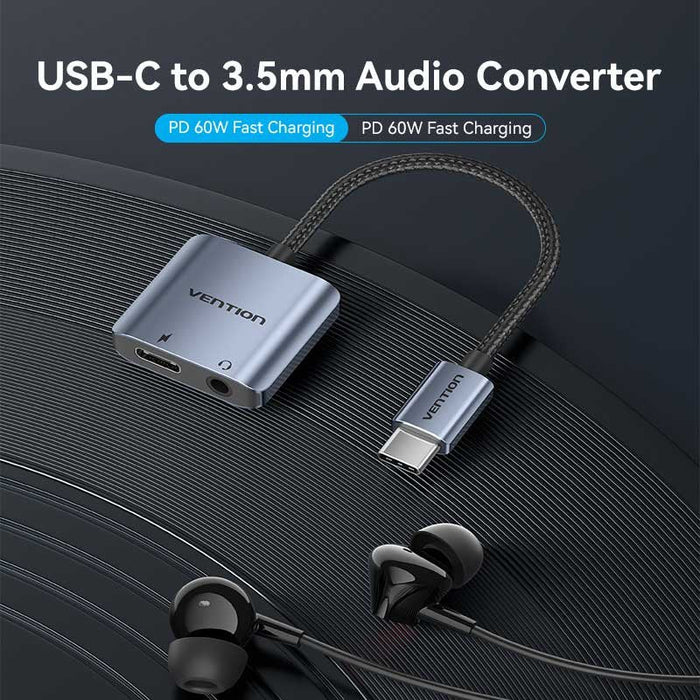 Adaptador Audio Vention Bigha Usb Tipo-C Macho Jack 3.5 Hembra Usb Tipo-C Pd Hembra Gris