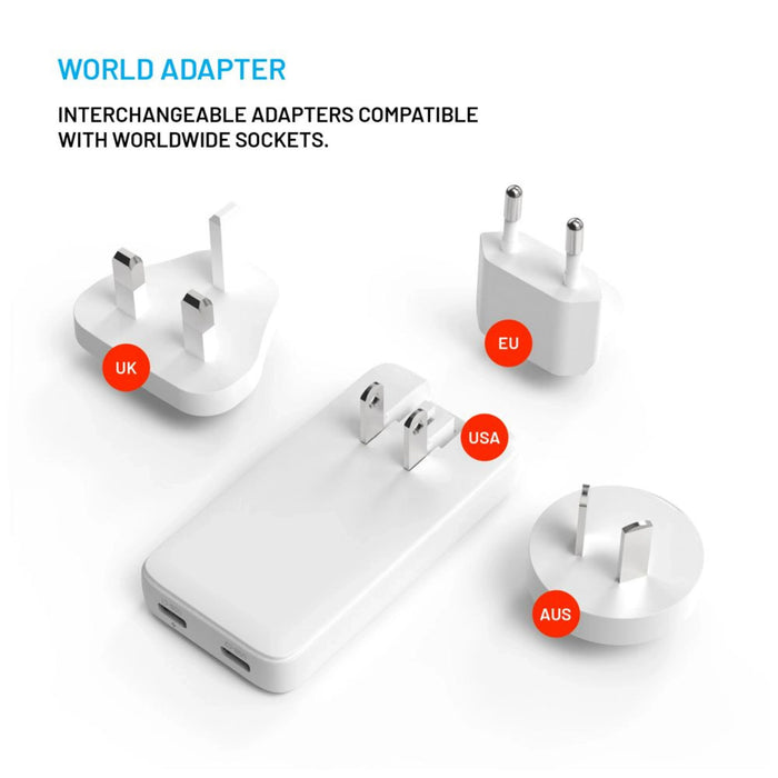 Fixed Slim Traveller 2xusb-C Travel Charger With World Adapters, Gan, 45w, White
