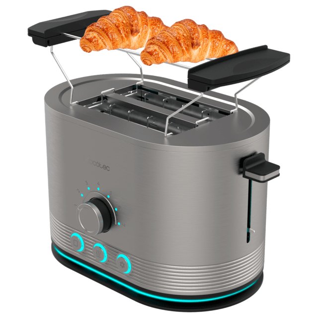 Tostadora Cecotec Vertical De Acero Con Doble Ranura Corta Shine&Toast Double. 850w, Capacidad Para 2 Tostadas, Ranuras Anchas De 3,8cm, Anillo Luminoso, 7 Niveles De Tostado, Varillas Superiores