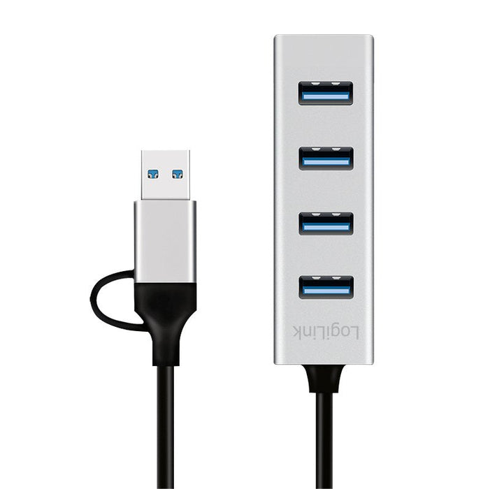 Hub Usb 3.0, 4x Usb-A, 5 Gbit/S, Cable De Conexión 2 En 1, Plateado