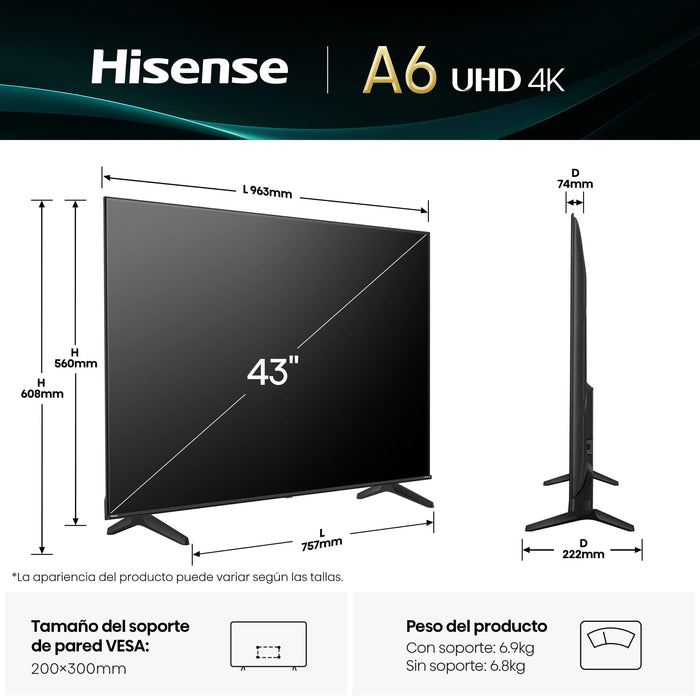EAN 6942351415628 - Hisense 43A6Q 109,2 cm (43") 4K Ultra HD Smart TV Wifi Negro 300 cd / m² imagen 4