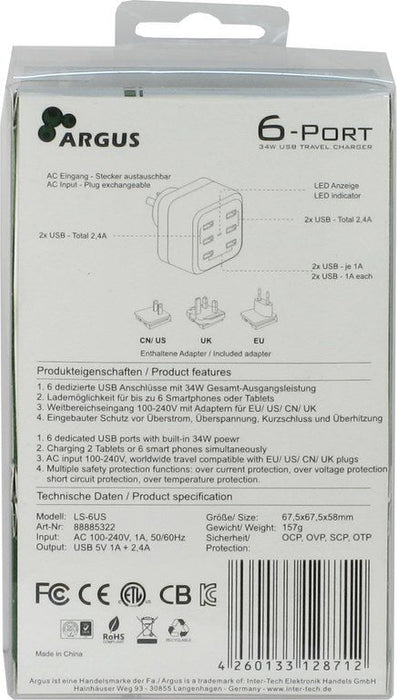 Inter-Tech Cargador Argus Ls-6us 80mm Usb 5v Toma De Corriente
