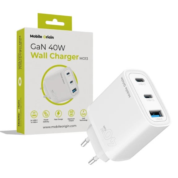 Mobile Origin 40w Gan Charger Mo13 White 1x Usb-A + 2x Usb-C