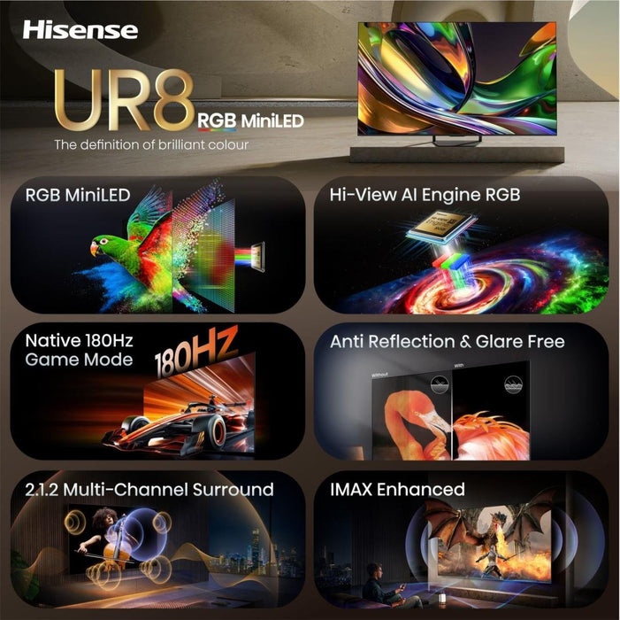 Televisor 75'' Rgb Miniled Uhd 4k Quantum Dot 180hz 75ur8s Smart Tv Hisense 75'/ Rgb Miniled/ Uhd 4k/ 180hz/ 4x Hdmi 2.1/ 1x Usb 2.0 + 1x Usb 3.0/ 2x10w + Subwoofer/ Dolby Vision Iq/ Wifi 6/ Bluetooth 5.4
