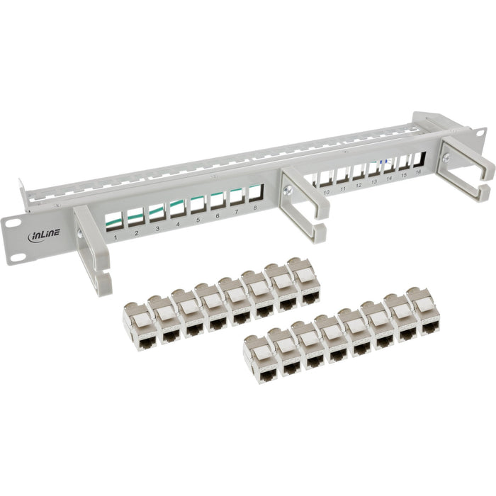 Inline® Patch Panel Cat.6a 16-Way, With 3 Brackets, 16 Keystones, 19", 1u, Gris