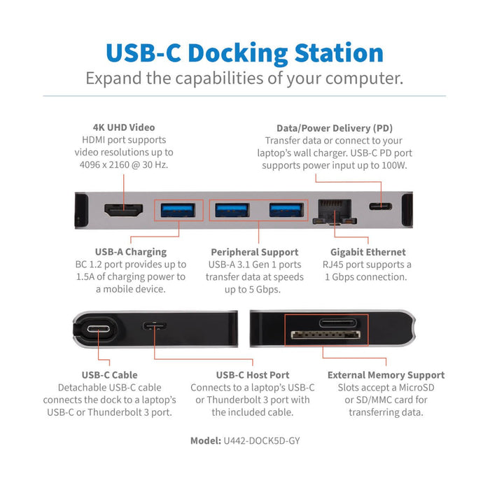 Stacja Dokujaca Usb-C 4k Hdmi, Usb 3.2 Gen 1, Koncentrator Usb-A, Gbe, Karta Pamieci, Ladowanie Pd 100 W, Odlaczany Przewód U442-Dock5d-Gy