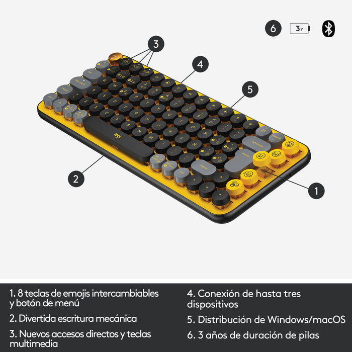 Teclado Español Logitech Pop Keys Wireless Emoji Keys Rf Wireless + Bluetooth Qwerty Negro, Gris, Amarillo