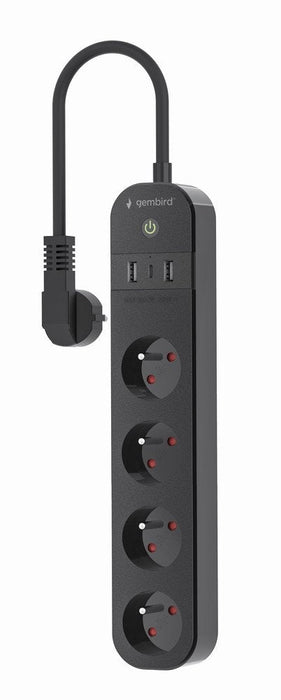 Gembird Regleta Smart Con Cargador Usb, 4 Enchufes Franceses, Negro