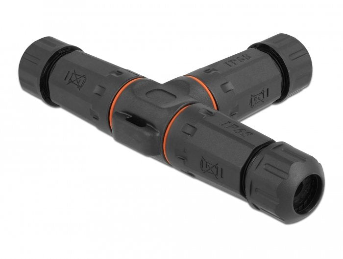 Delock Cableverbinder T-Form Für Aussenbereich 3 Pin, Ip68 Wasserdicht, Schraubbar, Cabledurchmesser 4,5 - 7,5 Mm Schwarz