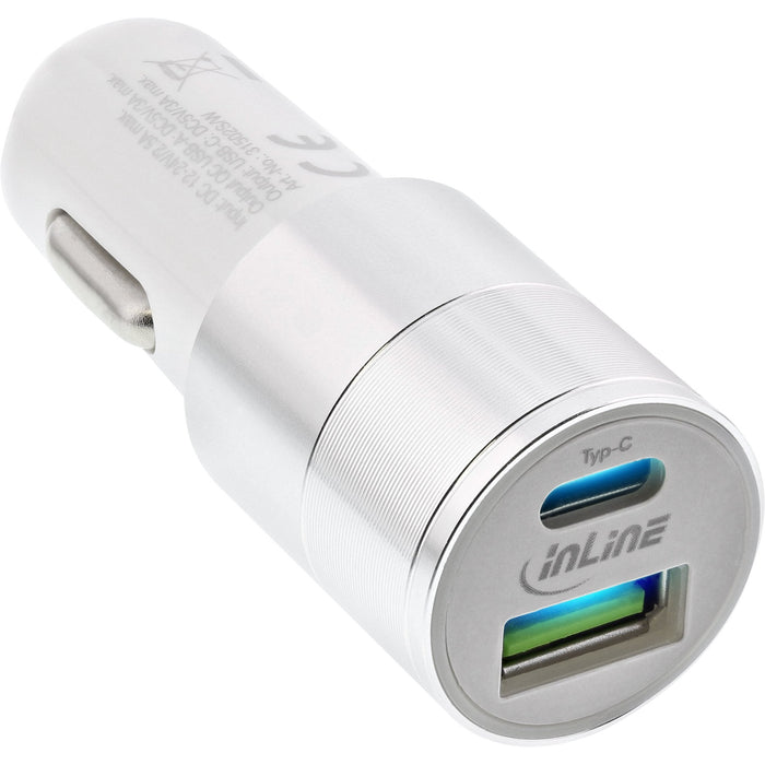 Cargador De Coche Usb Inline Quick Charge 3.0, 12/24vdc -> 5v Dc/3a, Usb-A + Usb Type-C, Blanco