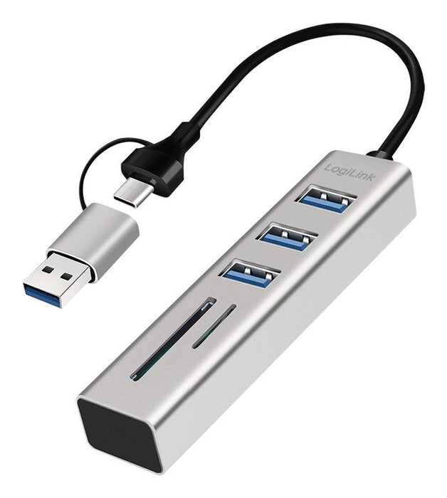 Hub Usb 3.0, 3 Puertos Usb-A, Ranura Sd/Microsd, Cable De Conexión 2 En 1, 5 Gbit/S, Plateado