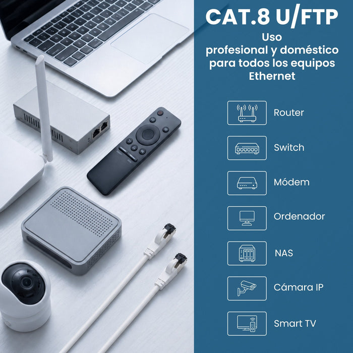 Extralink Lan Patchcord Cat.8 U Ftp 1m 40g Flat Shielded Foiled Twisted Pair Bare Copper White