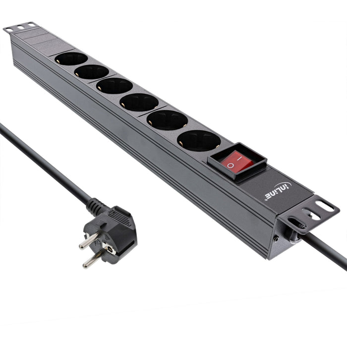 Regleta Inline De 19", Contacto De Protección De 6 Vías, Con Interruptor, 2 M, Negro