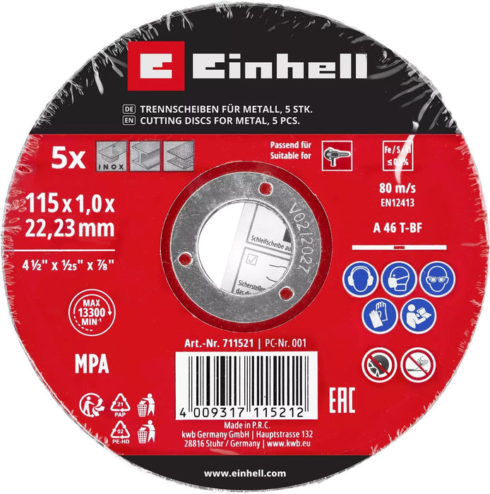 Disco De Corte Fino Einhell, Ø 115 X 1,0 Mm, 5 Piezas Para Amoladoras Angulares 711521