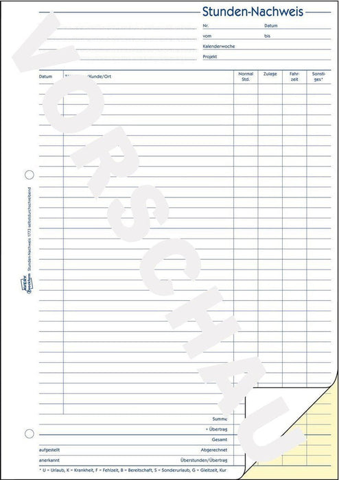 Avery Zweckform Formular Para Stundenerfassung - 40 Hoja - A4 (210 X 297 Mm)
