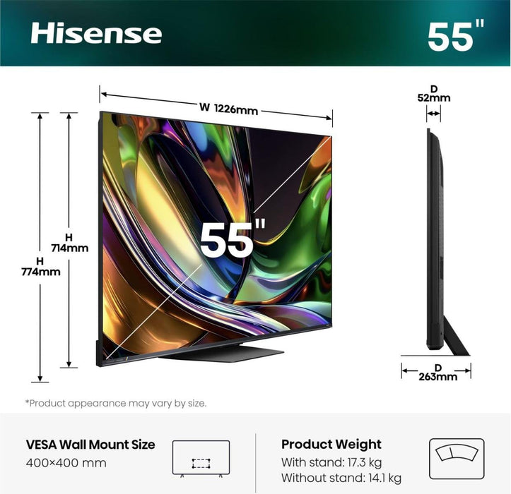 Televisor 55'' Rgb Miniled Uhd 4k Quantum Dot 180hz 55ur8s Smart Tv Hisense 55'/ Rgb Miniled/ Uhd 4k/ 180hz/ 4x Hdmi 2.1/ 1x Usb 2.0 + 1x Usb 3.0/ 2x10w + Subwoofer/ Dolby Vision Iq/ Wifi 6/ Bluetooth 5.4
