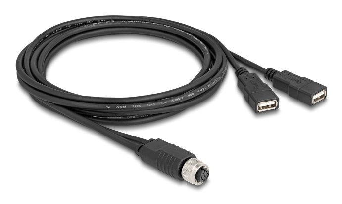 Delock M12 Cable A-Kodiert 8 Pin Buchse Zu 2 X Usb 2.0 Typ-A Buchse 2 M Schwarz